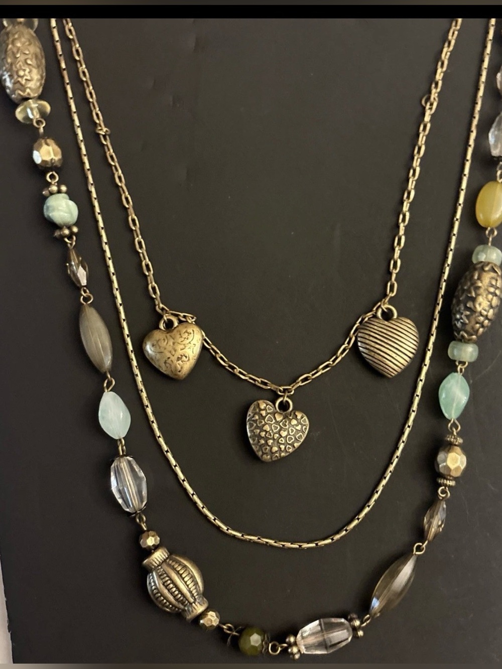 Necklace Multi Strand‎ Green Yellow Beads Heart Plastic Antique Brass Metal 36"